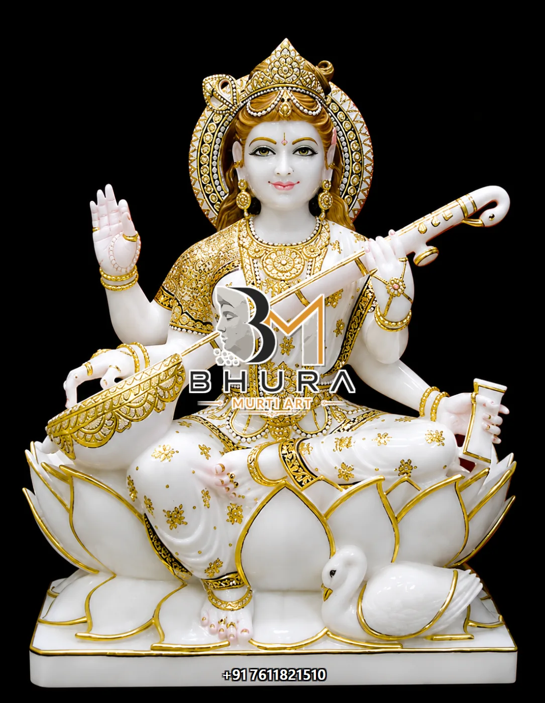 Hand-Carved Goddess Saraswati Marble Statue Collection - handcrafted marble design view 2