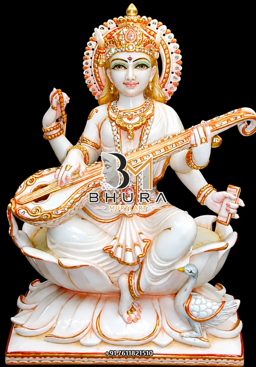 Hand-Carved Goddess Saraswati Marble Statue Collection - handcrafted marble design view 3