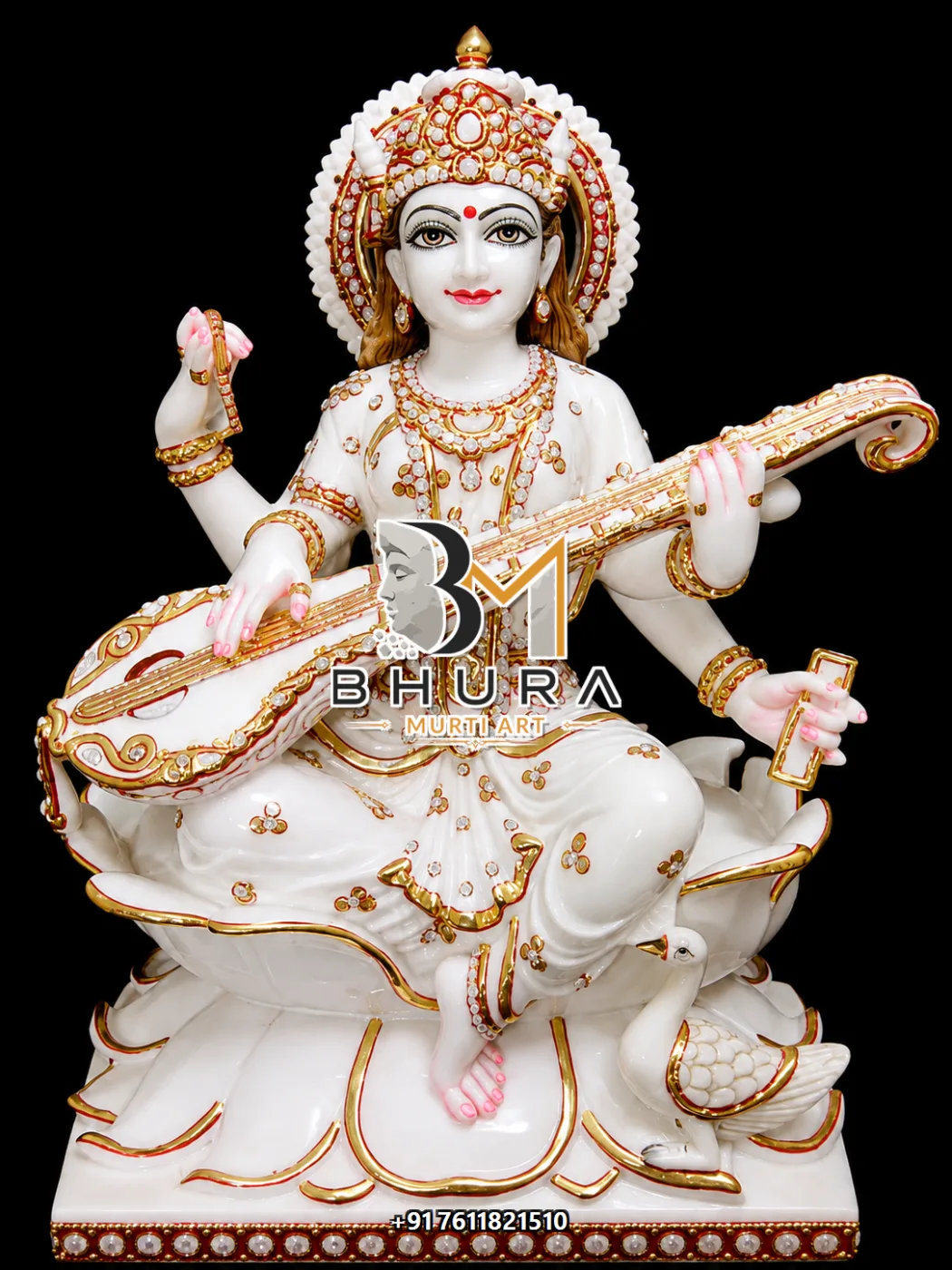 Hand-Carved Goddess Saraswati Marble Statue Collection - handcrafted marble design view 5