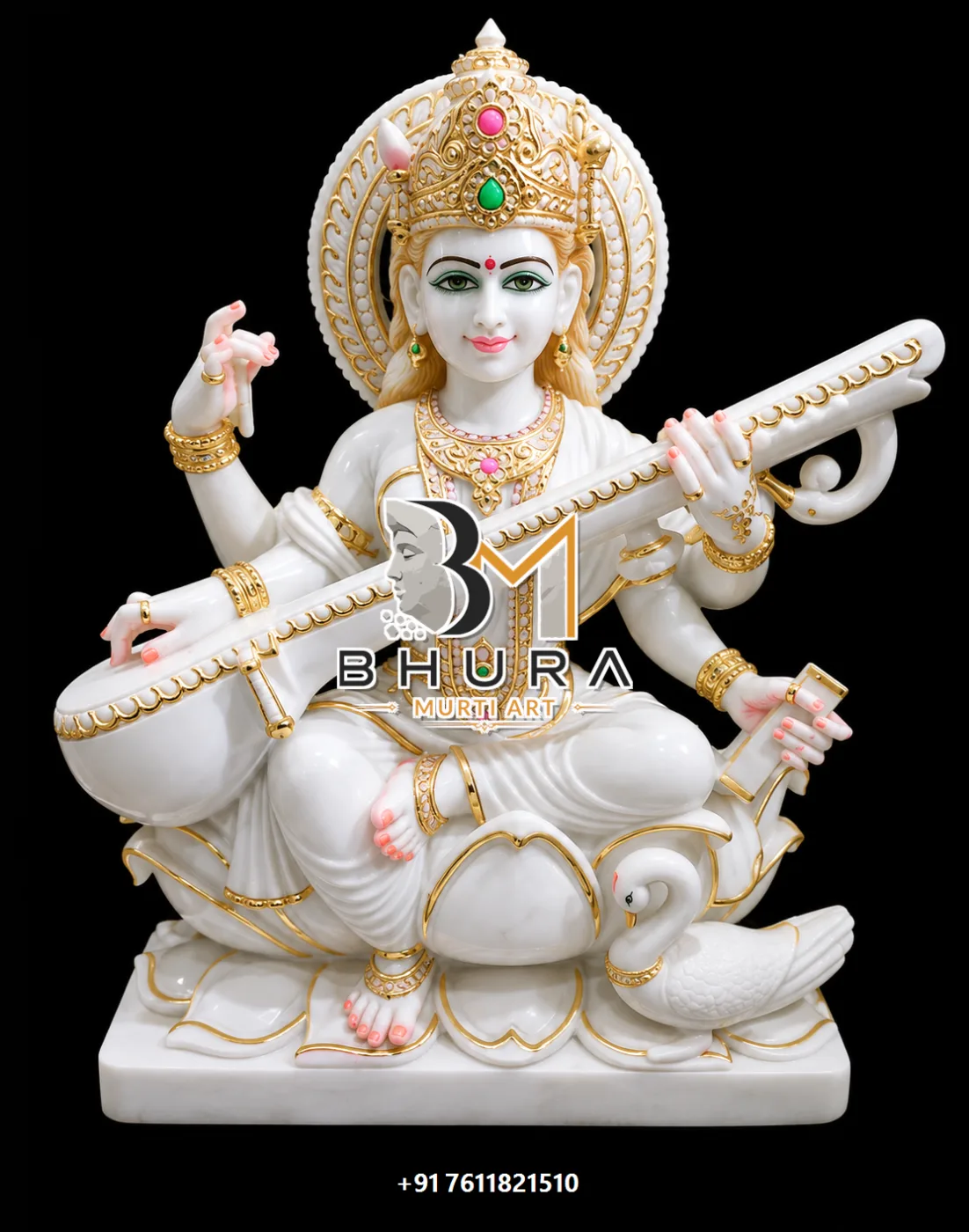 Artistic Goddess Saraswati Marble Statue Collection - handcrafted marble design view 3