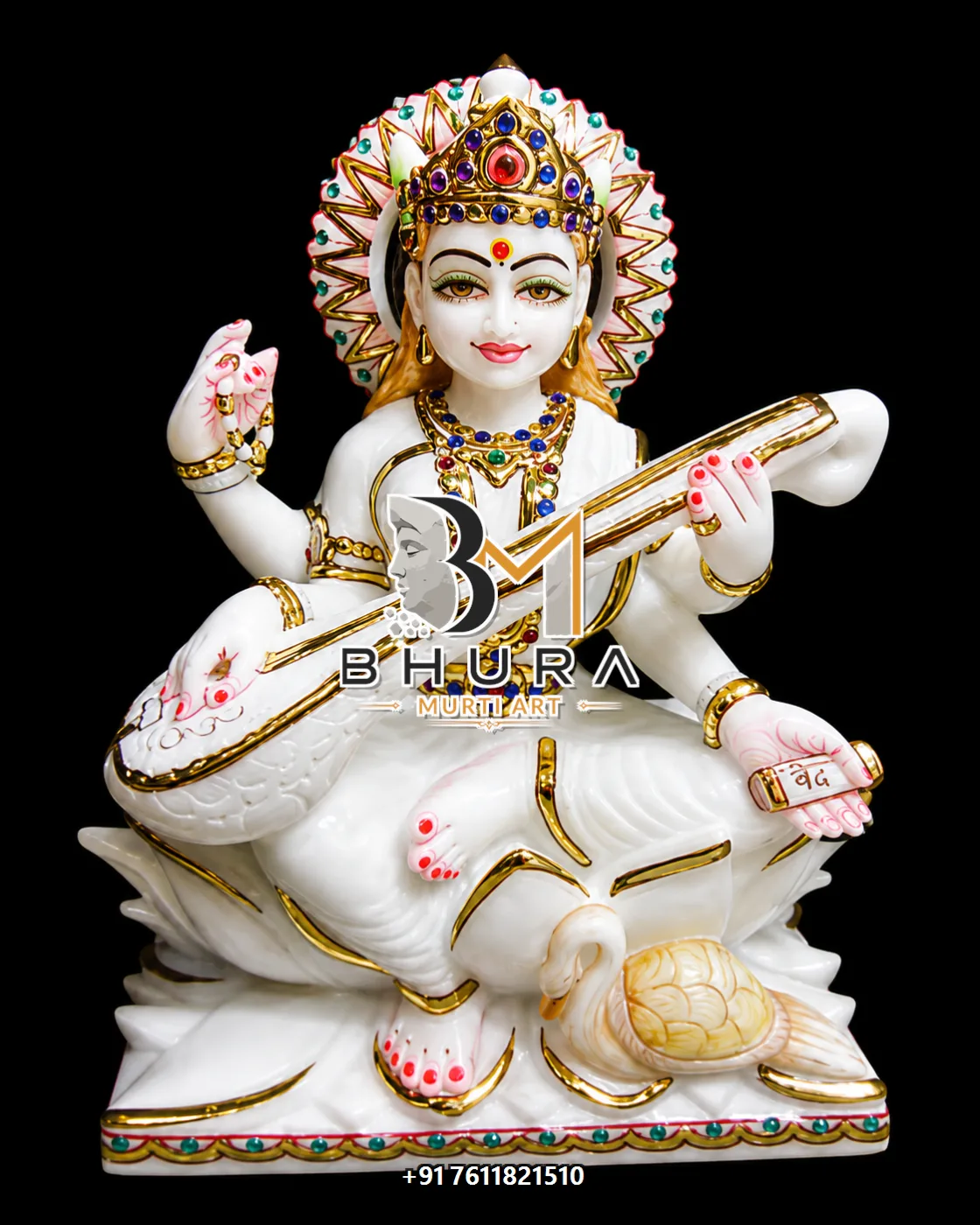 Artistic Goddess Saraswati Marble Statue Collection - handcrafted marble design view 4