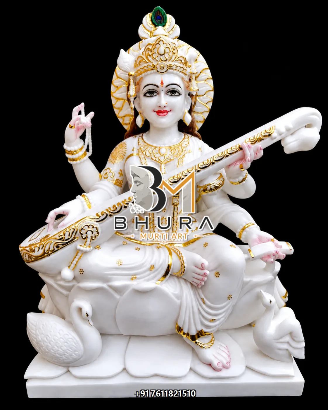 Designer Goddess Saraswati Marble Statue Collection - handcrafted marble design view 2