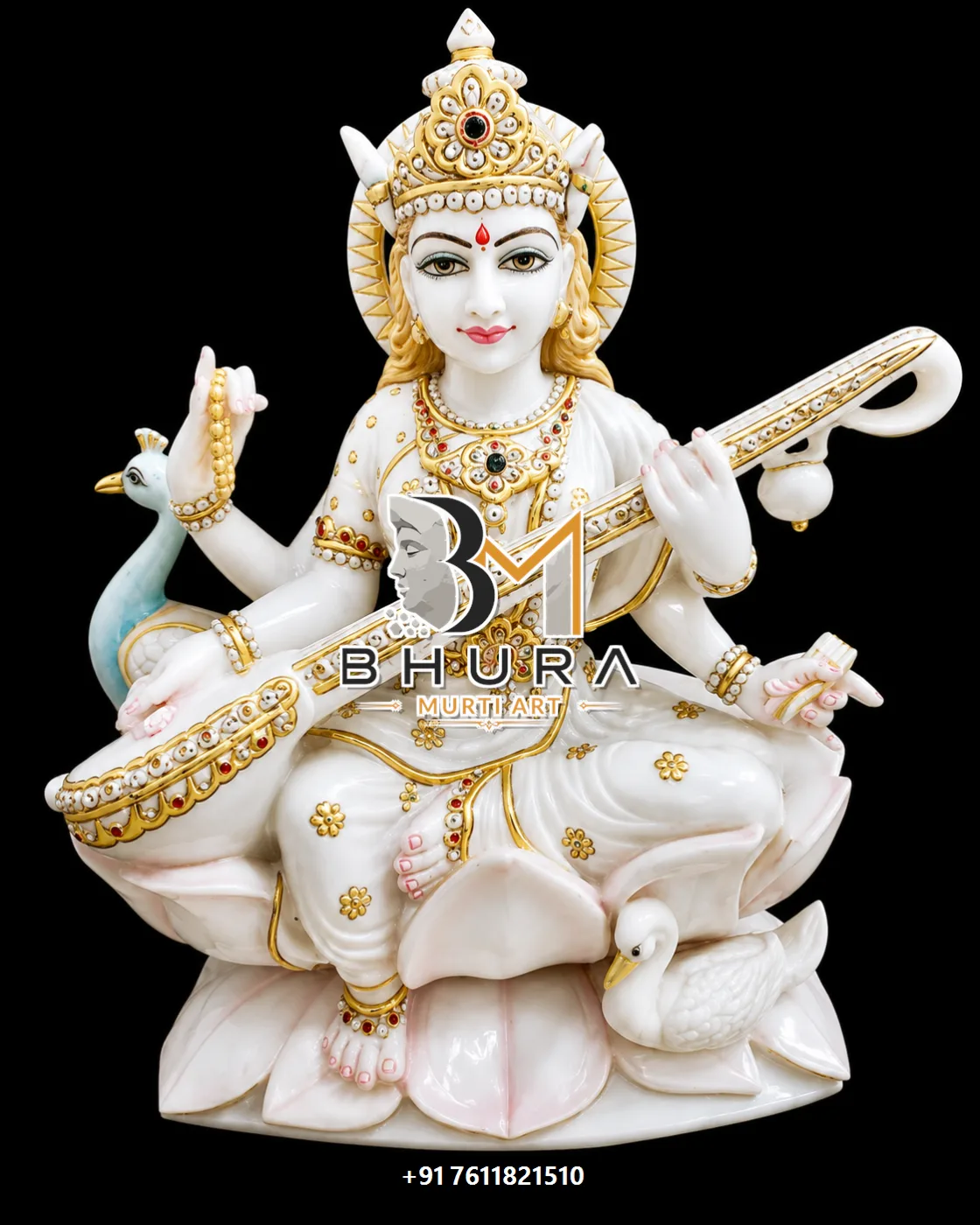 Designer Goddess Saraswati Marble Statue Collection - handcrafted marble design view 5