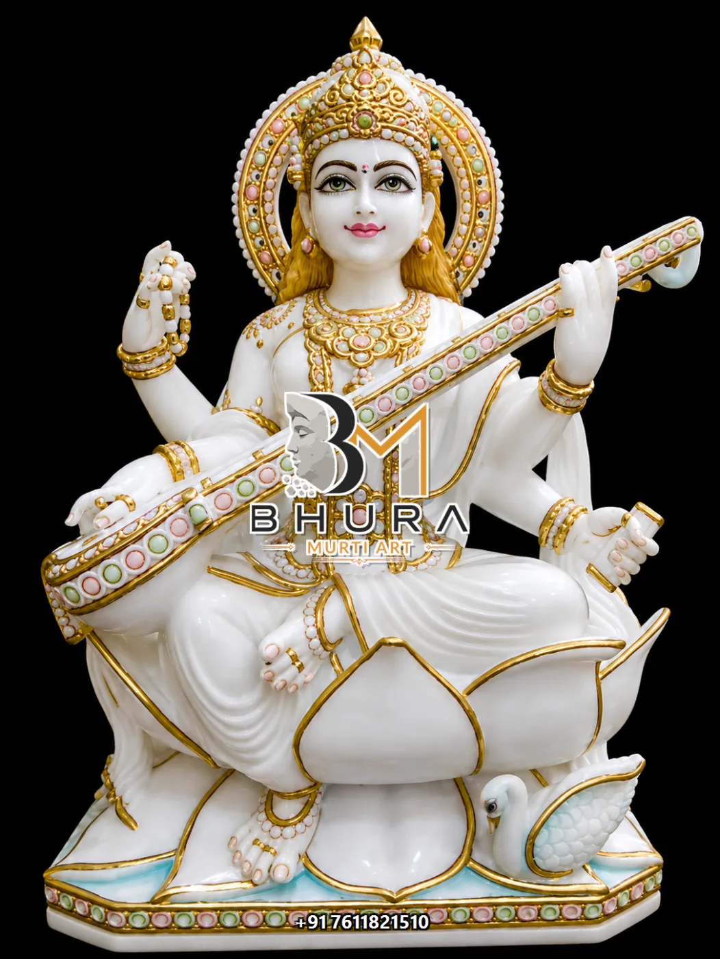 Spiritual Goddess Saraswati Marble Statue Collection - handcrafted marble design view 2