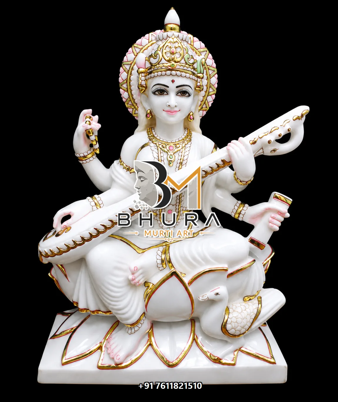 Spiritual Goddess Saraswati Marble Statue Collection - handcrafted marble design view 4