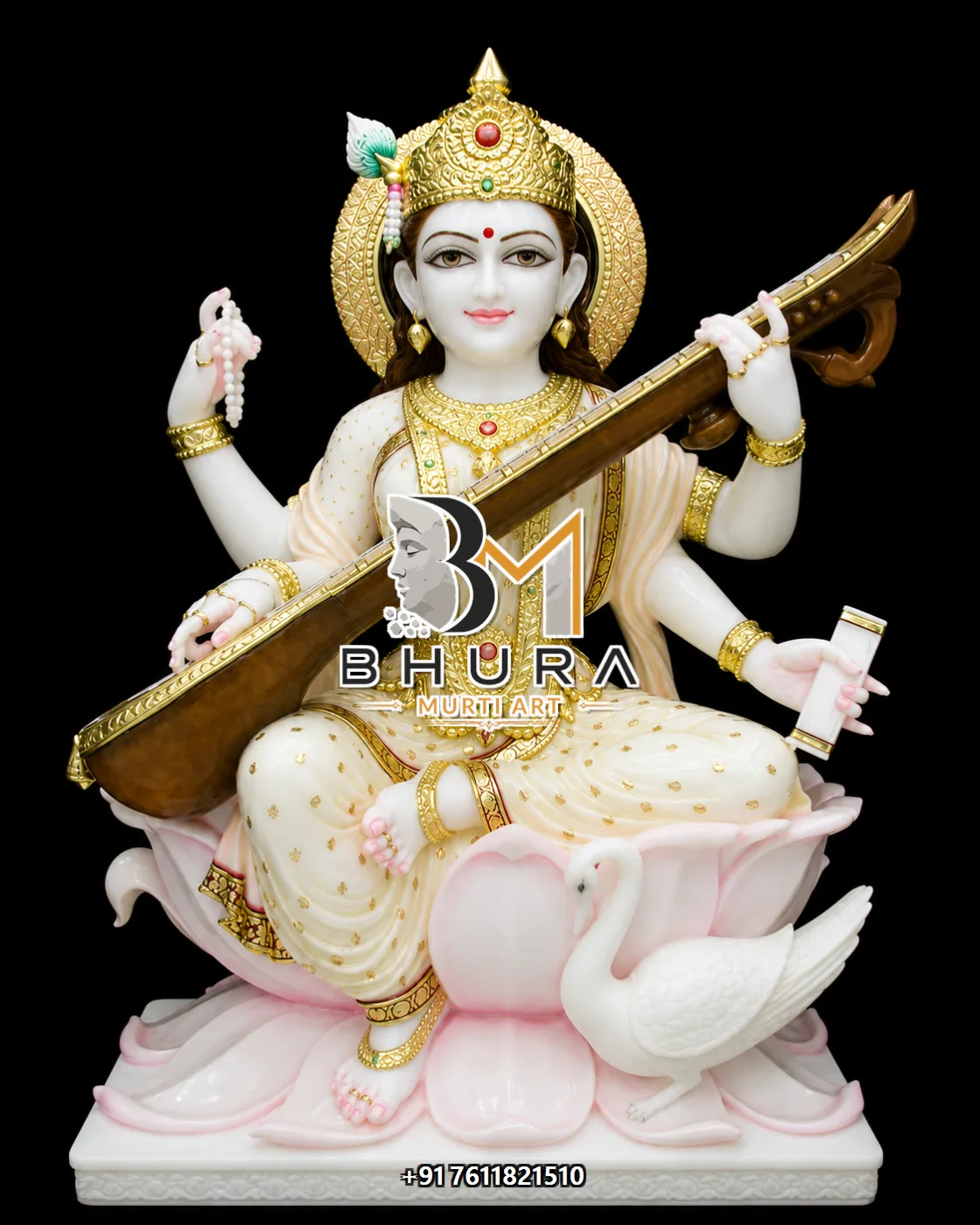 Sacred Goddess Saraswati Marble Statue Collection - handcrafted marble design view 4