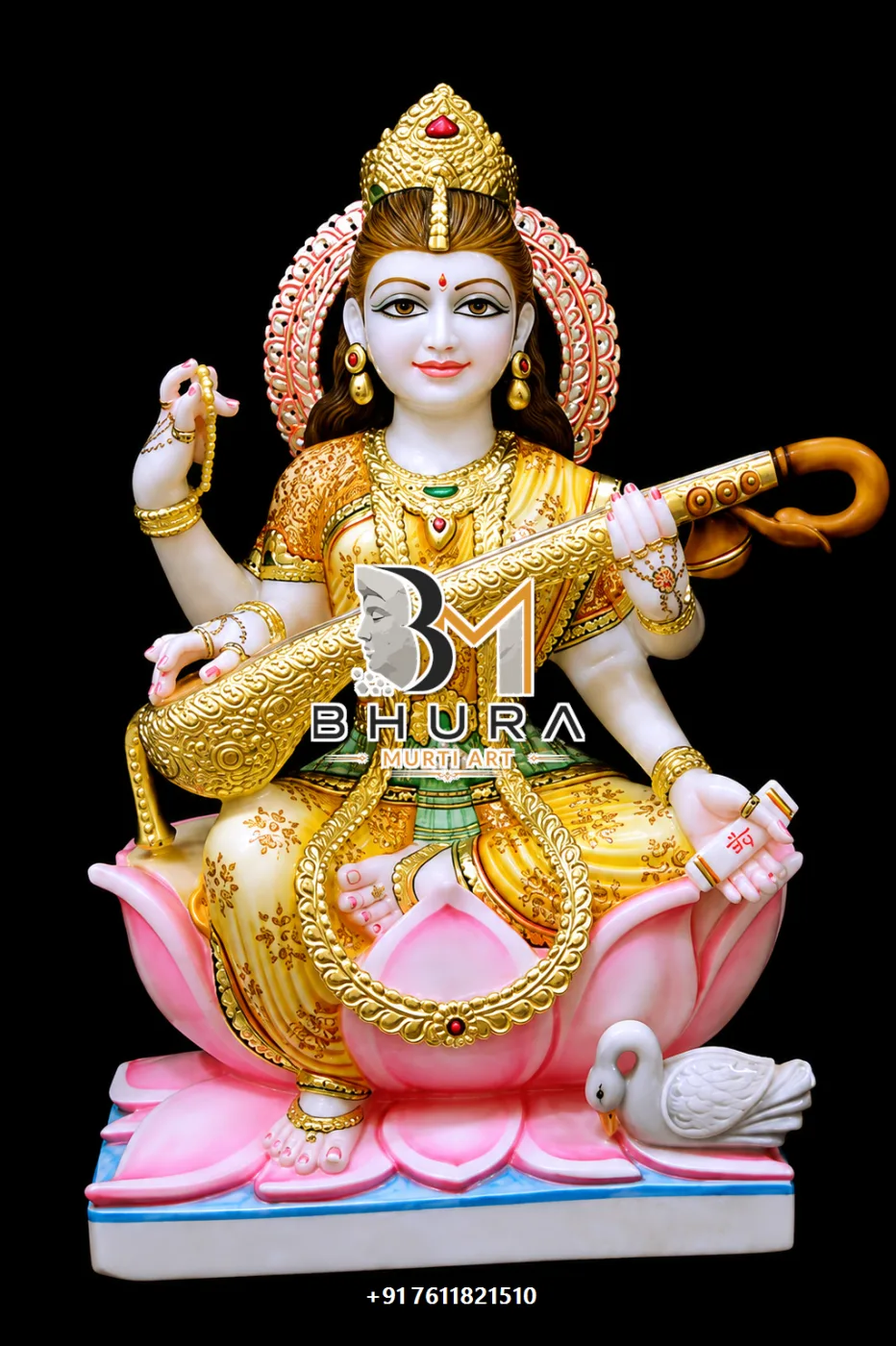 Knowledge and Wisdom Goddess Saraswati Marble Statue Collection - handcrafted marble design view 2
