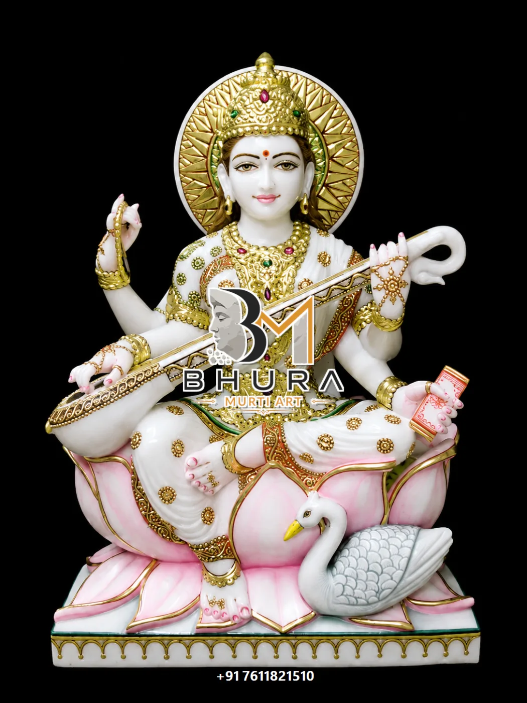 Knowledge and Wisdom Goddess Saraswati Marble Statue Collection - handcrafted marble design view 3