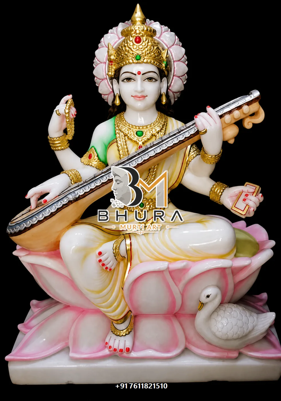 Veena Music Goddess Saraswati Marble Statue Collection - handcrafted marble design view 3