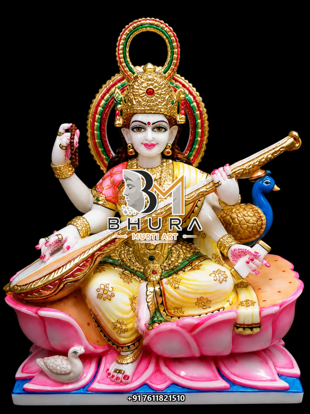 Veena Music Goddess Saraswati Marble Statue Collection - handcrafted marble design view 4