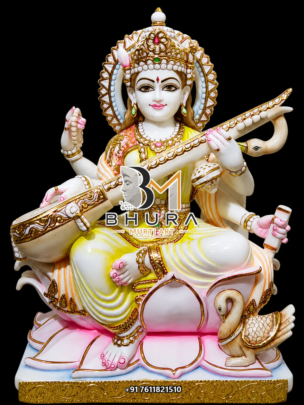 Blessing Pose Goddess Saraswati Marble Statue Collection - handcrafted marble design view 2
