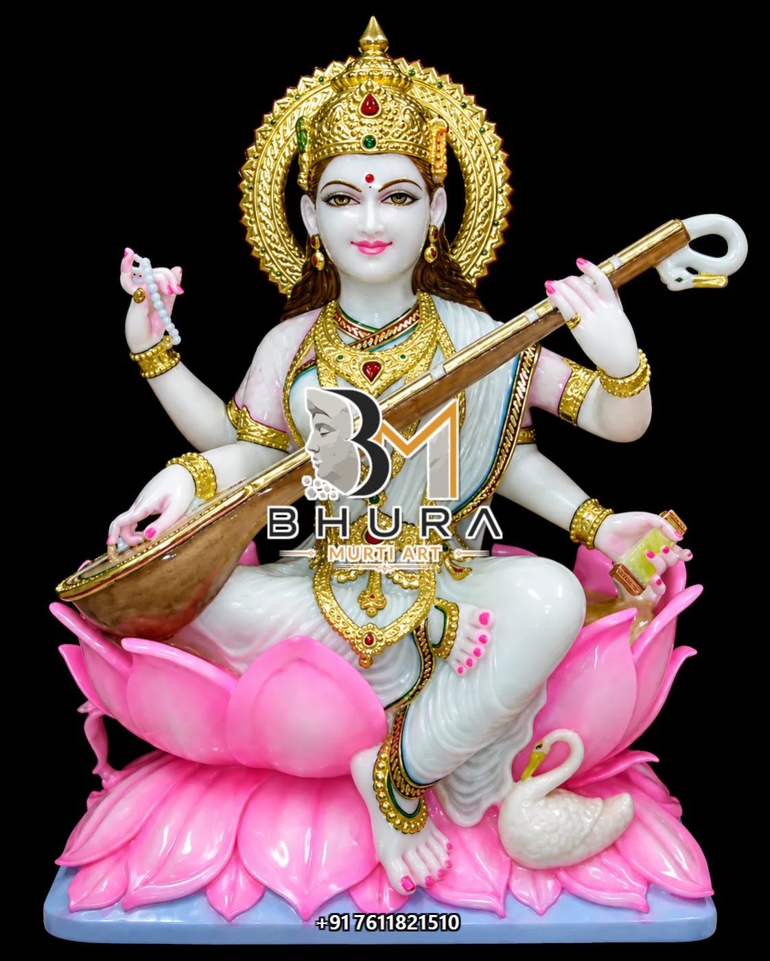 Blessing Pose Goddess Saraswati Marble Statue Collection - handcrafted marble design view 4