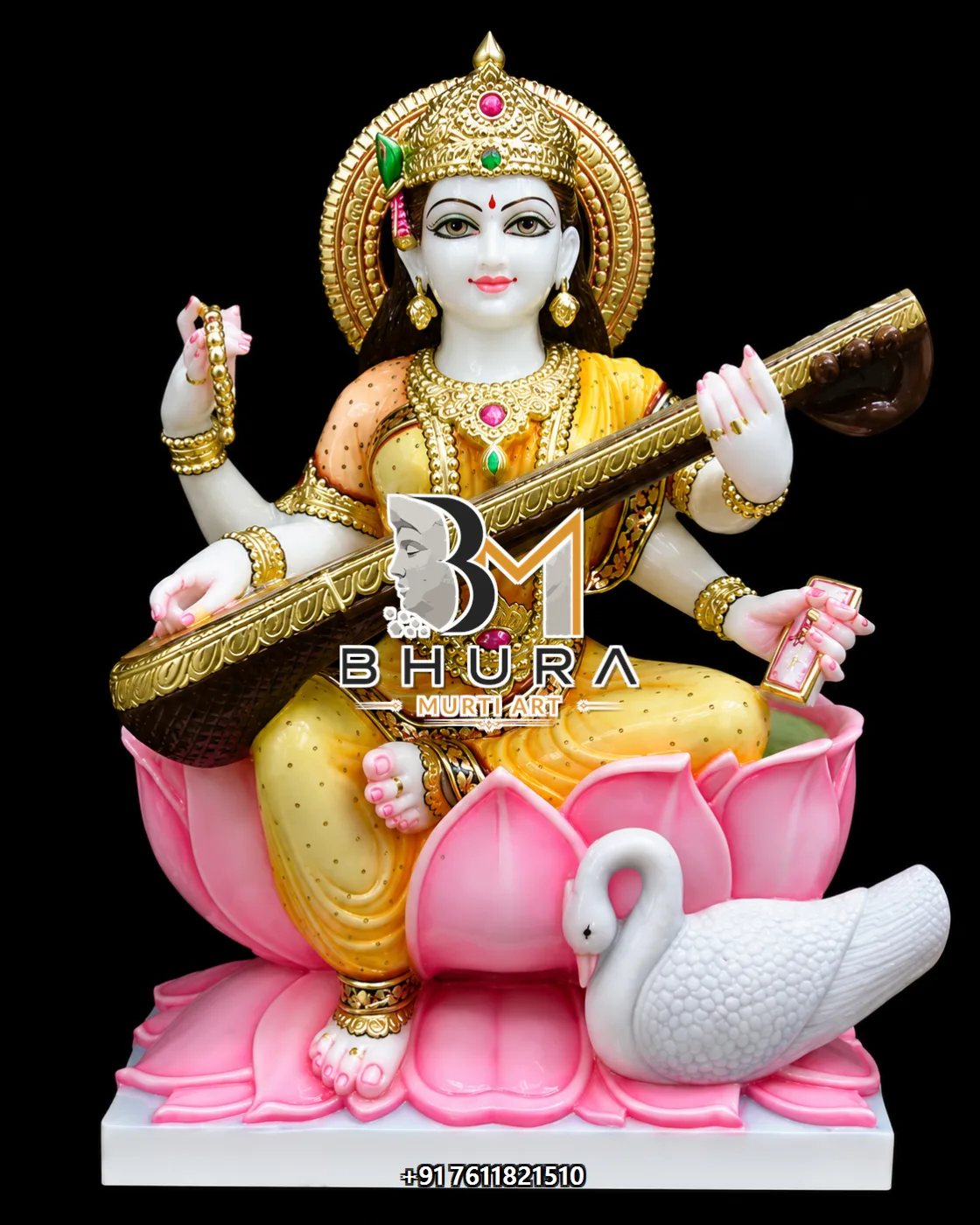 Ornamental Goddess Saraswati Marble Statue Collection - handcrafted marble design view 2