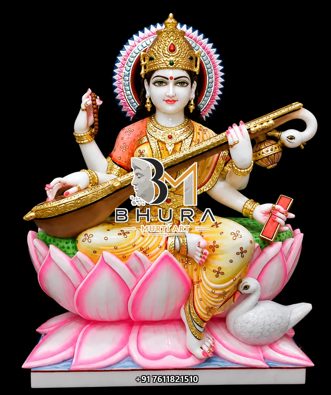 Ornamental Goddess Saraswati Marble Statue Collection - handcrafted marble design view 5