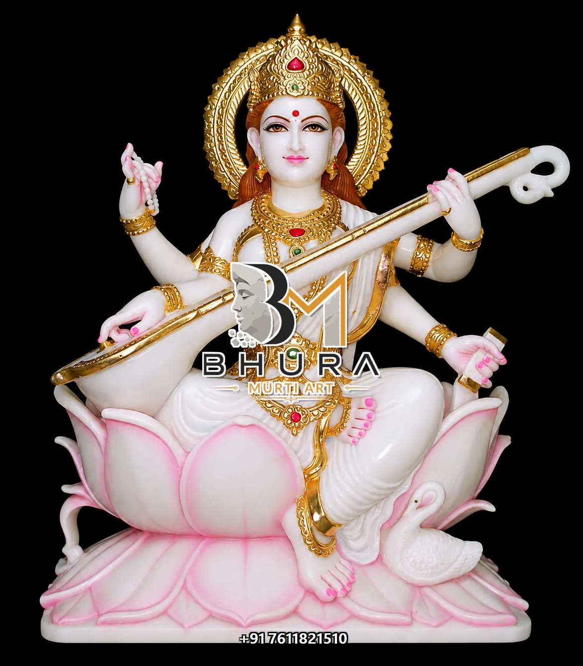 Serene Goddess Saraswati Marble Statue Collection - handcrafted marble design view 3