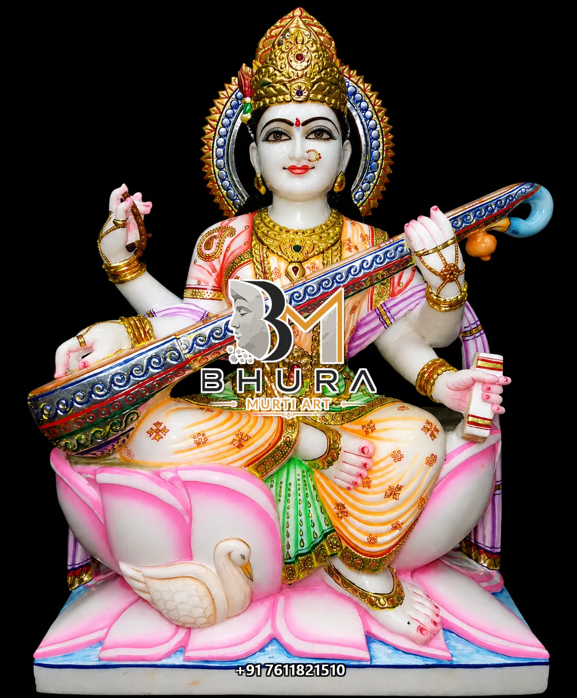 Serene Goddess Saraswati Marble Statue Collection - handcrafted marble design view 5