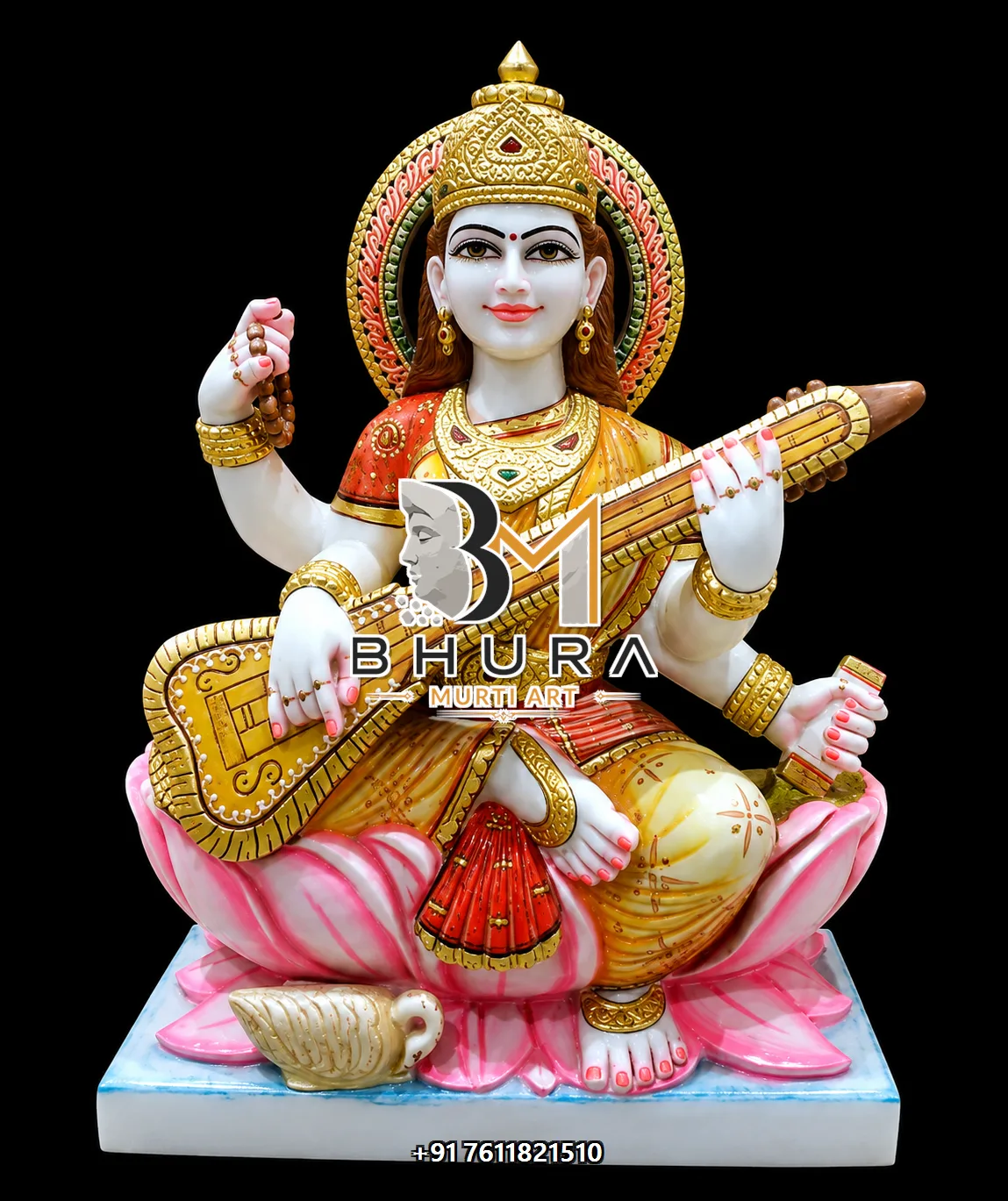 Majestic Goddess Saraswati Marble Statue Collection - handcrafted marble design view 3