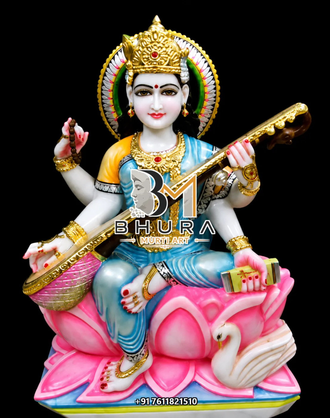 Majestic Goddess Saraswati Marble Statue Collection - handcrafted marble design view 4