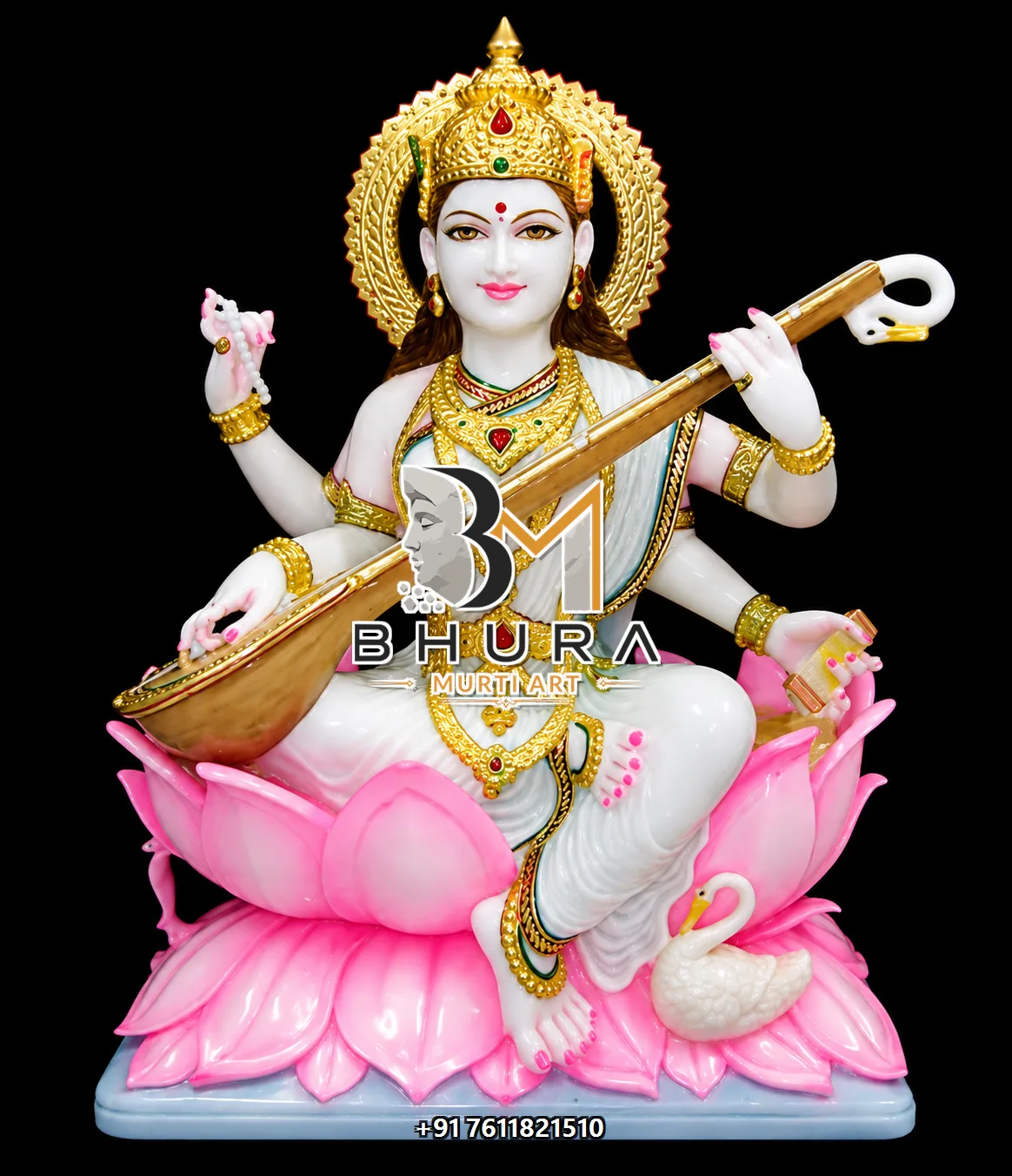 Traditional Indian Goddess Saraswati Marble Statue Collection - handcrafted marble design view 2
