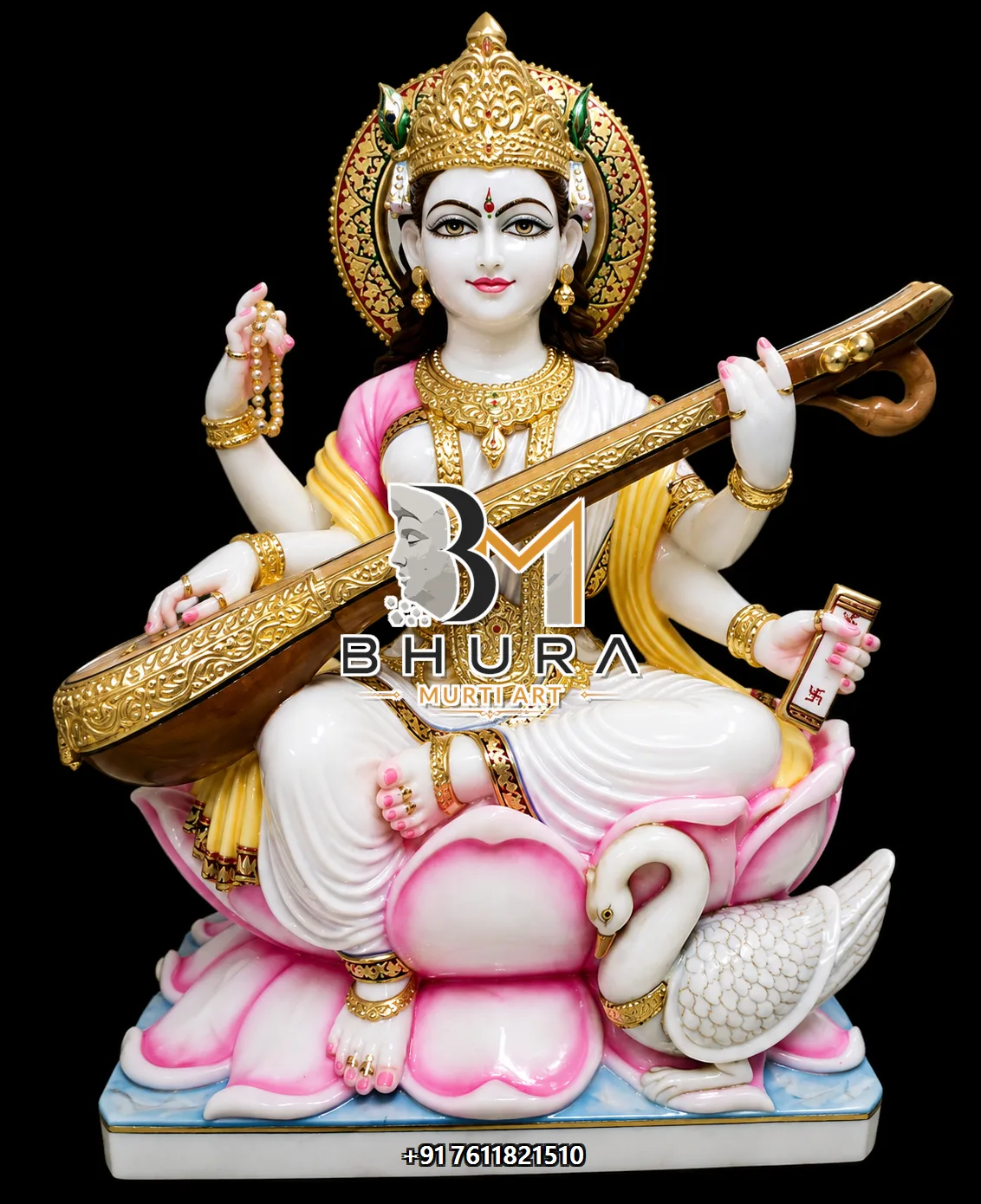 Traditional Indian Goddess Saraswati Marble Statue Collection - handcrafted marble design view 4