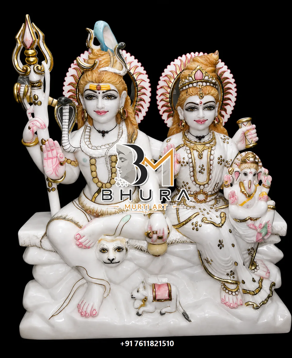 Family Pose Shiv Parvati Marble Statue Collection - handcrafted marble design view 3