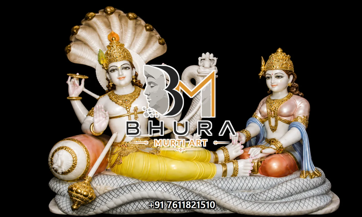Traditional Vishnu Laxmi Marble Statue Collection - handcrafted marble design view 4