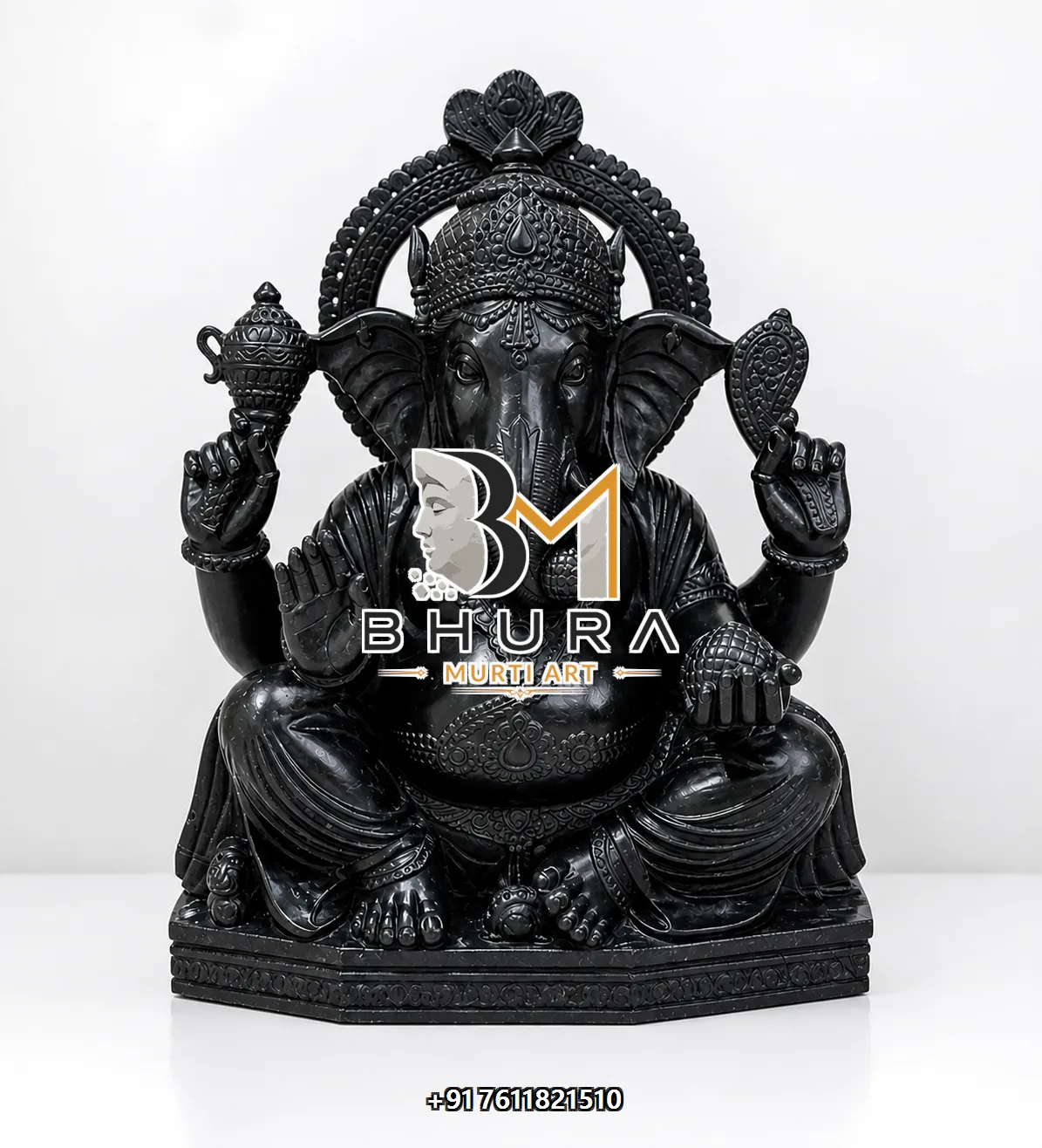 Black Stone Ganesha Prabhavali Seated Murti